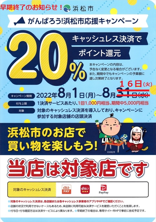 早期終了１６日まで！「がんばろう！浜松市応援キャンペーン」最大20％戻ってくる！